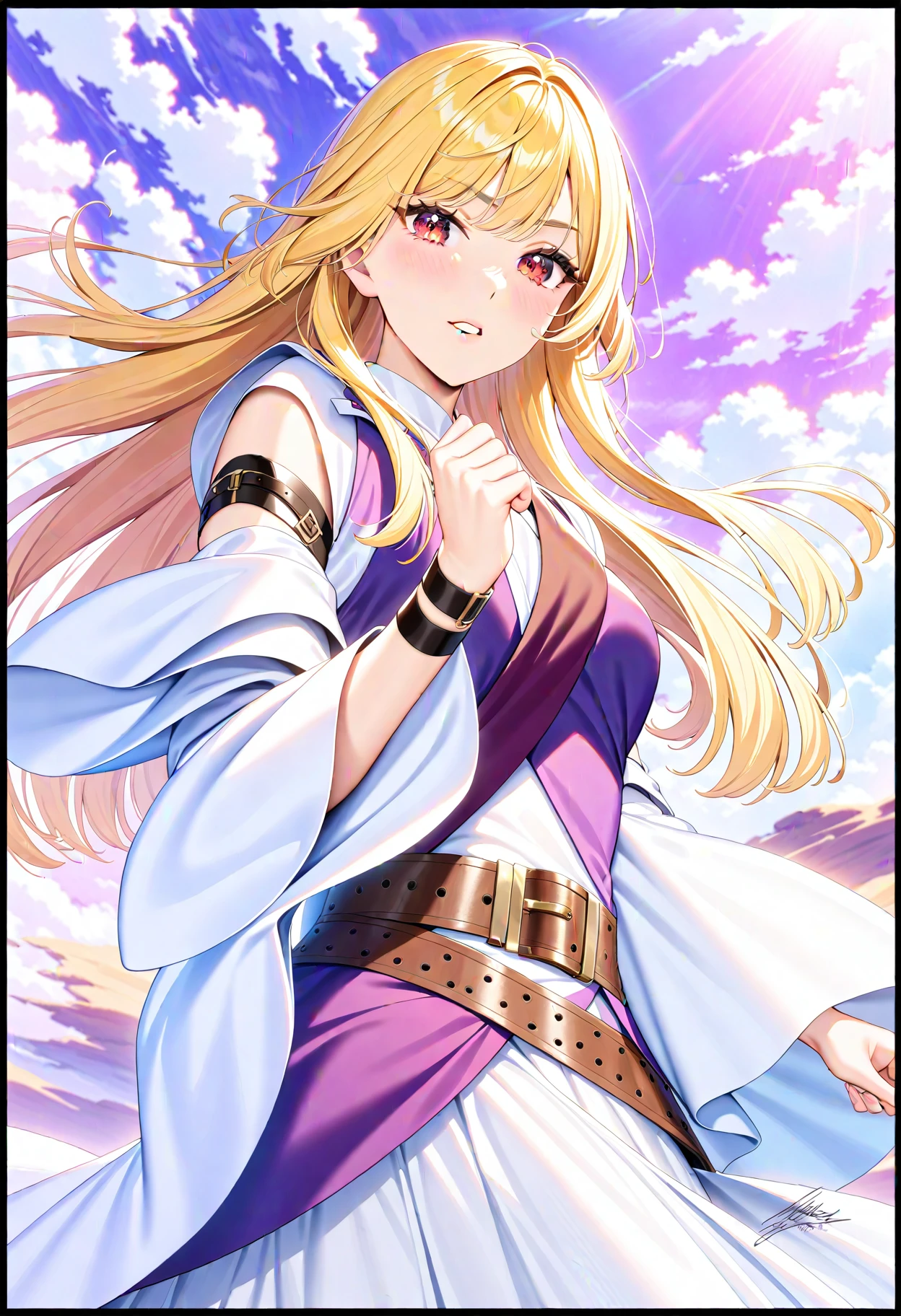 1girl,
black border, layered sleeves, clenched hand, solo, long dress, belt, white dress, floating hair, wide sleeves, day, teeth, lips, red eyes, purple sky, outdoors, straight hair, looking at viewer, purple vest, blonde hair, buckle, belt buckle, upper body, hand up, arm strap, long sleeves, cloud, long hair, dress, brown belt, signature, border, sky, parted lips,
masterpiece, best quality, newest, safe