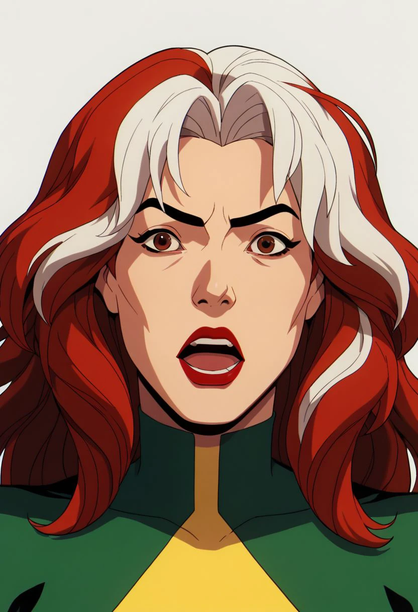 xmen97 style, solo, multicolored hair, 1girl, red hair, red lips, brown eyes, white hair, two-tone hair, open mouth, lipstick, long hair, looking at viewer, makeup, portrait, anime coloring, flat color, cel shading, cel shaded, 2d, PonyXLV6_Scores zPDXL