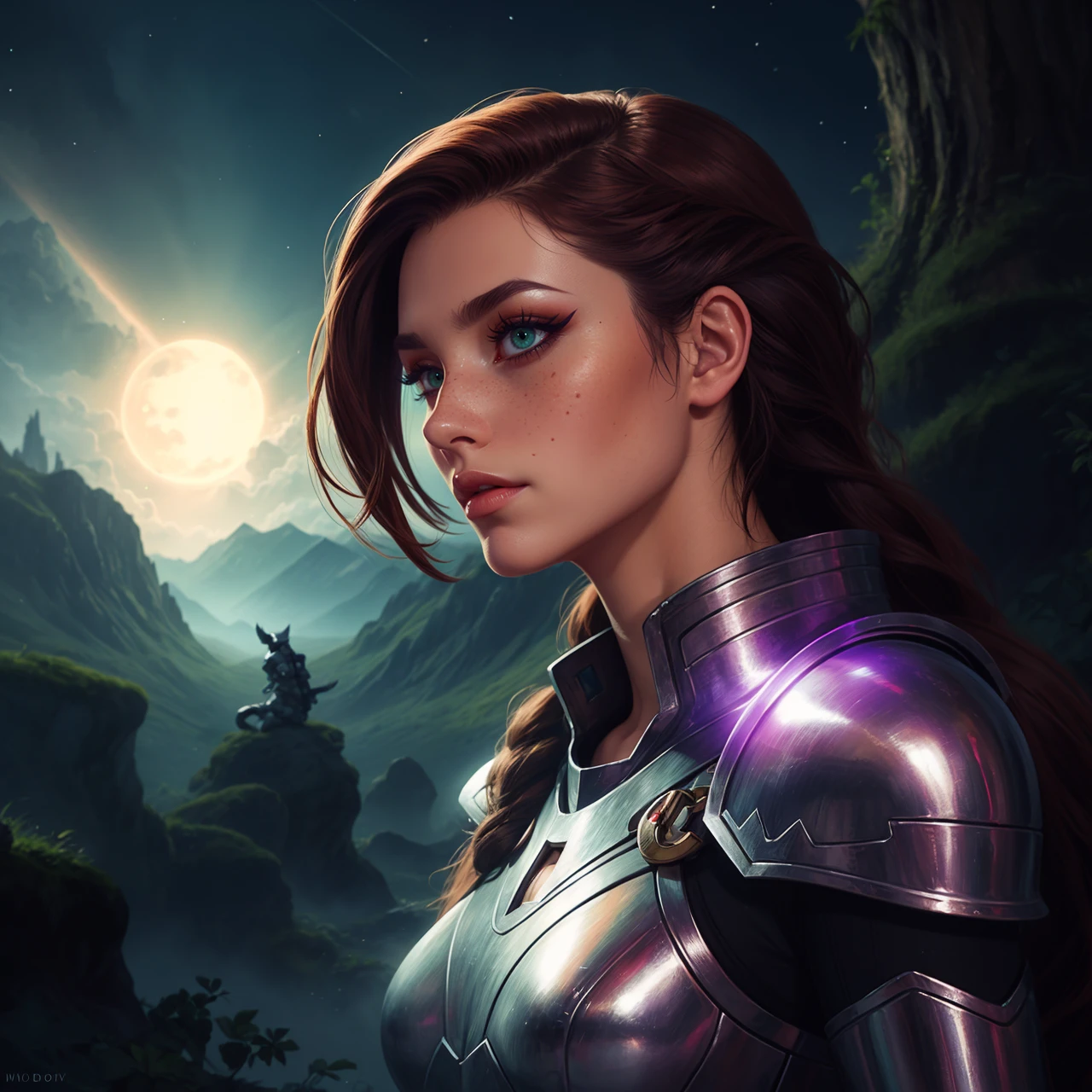 concept art of adult Mateja Novak, slavic,Brown hair, Green eyes, Angular jawline, smirk, Two braids woman fantasy concept art of an Eclipse Knight, Imperial Purple ethereal armor with blacklight cosmic motifs, wielding a sword emanating darkness and light, mystic forest background, dynamic lighting, 8k resolution, highly detailed,, eyeliner, eyeshadow, makeup, (freckles) 8k resolution, high detail, best quality, high quality, beautiful, epic,, digital artwork, illustrative, painterly, matte painting, highly detailed