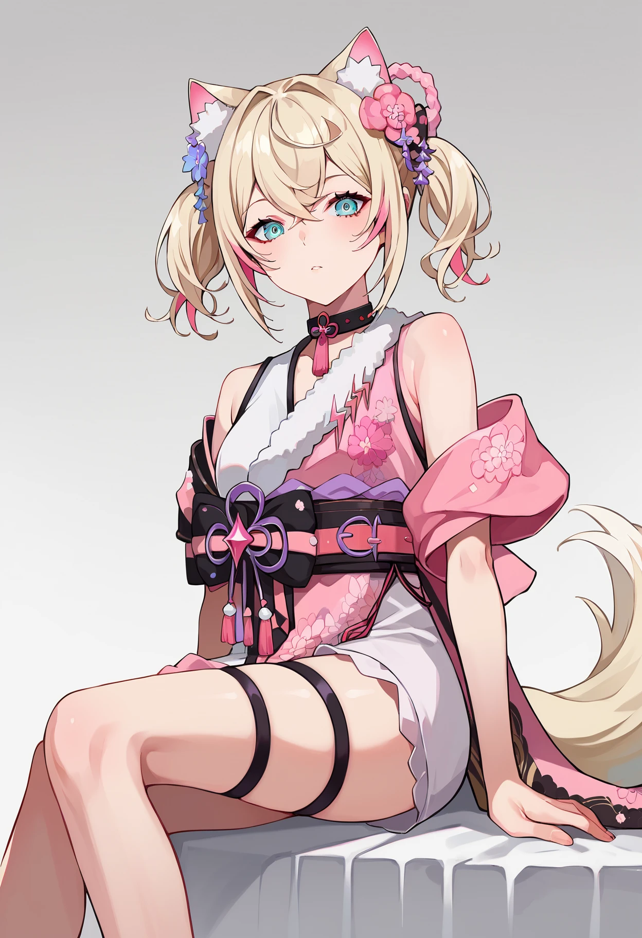 score_9, score_8_up, score_7_up, uncensored, source_anime, 1girl, <lora:spramdayoStyleXLPony:1> by ramdayo, <lora:ChamMococoAbyssgardPonyXL_1:1> MococoNewYears, short hair, wavy hair, twintails, streaked hair, hair flower, hair ornament, kouhaku nawa hair bow, spiked choker, neck tassel, pink kimono, short kimono, fur-trimmed kimono, floral print, uneven sleeves, cross-laced sleeve, single bare shoulder, pink obi, thigh straps, tail, gradient background, grey background, striped, white background, sitting, solo, happiness