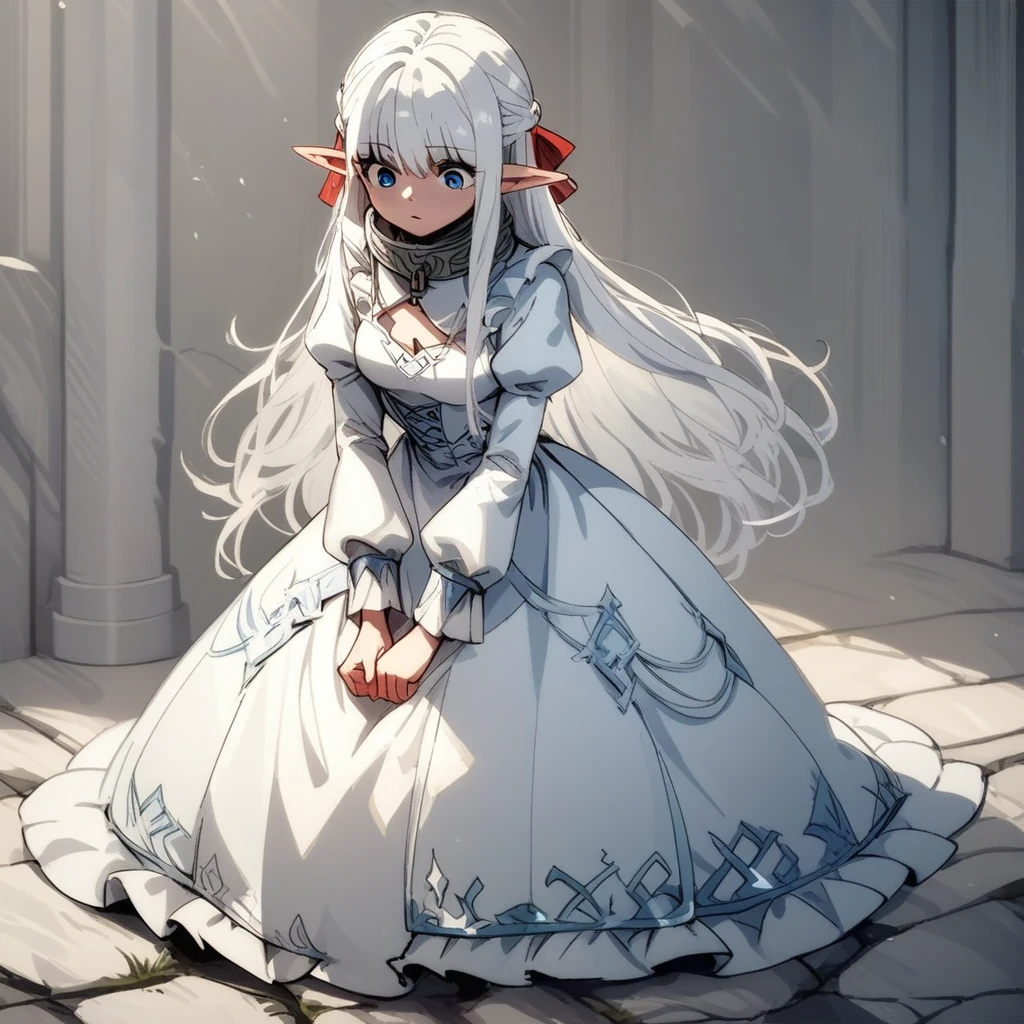 score_9, score_8_up, score_7_up, BREAK source_anime, elf, pointy ears, blue eyes, white hair, long hair, medium breasts, metal collar, white dress, long sleeves, puffy sleeves, full body,