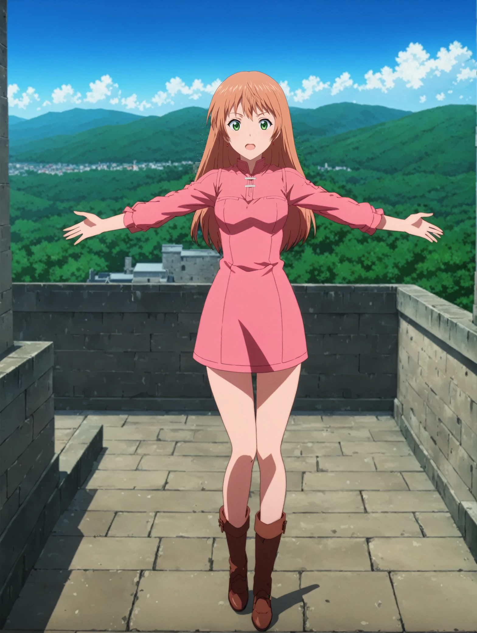 masterpiece, best quality,
anime screencap, cel shading, 
 <lora:remerciernike.sdxl.v2:0.95> 
remerciernike,  pinkdress, closed mouth, full body, standing, looking at viewer, castle, blurry background, stone wall, sky, open mouth, brown footwear,outstretched arms,
rooftop,