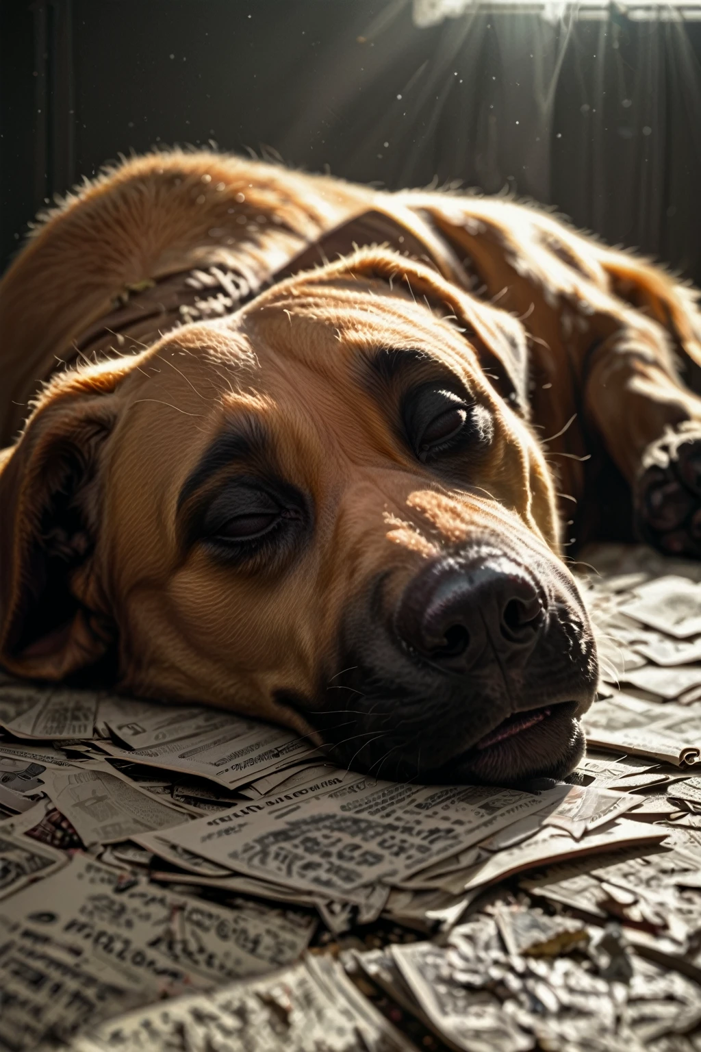 score_9, score_8_up, score_7_up, source_real, realitic, raw, photo, photorealism, & ark photo, dog, extreme closeup portrait of a very old and very large dog sleeping on the floor, facing the camera, highly detailed, moody, epic, gorgeous, film, atmospheric haze, dynamic lighting, award winning photo, (intricated detail), movie still,OverallDetail