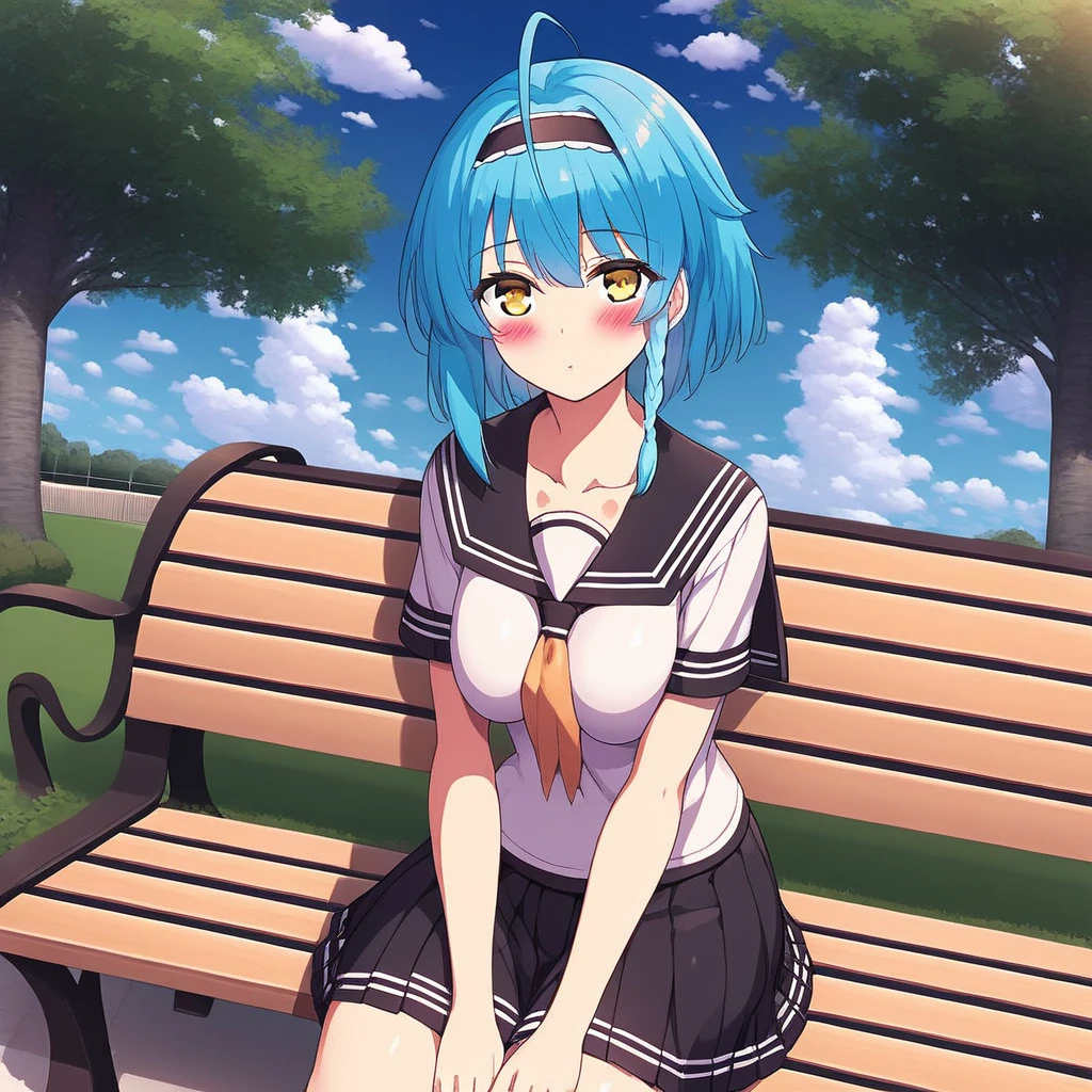 1girl, ahoge, bangs, bench, black skirt, blue hair, blue sky, blush, braid, breasts, cloud, cloudy sky, collarbone, day, hairband, looking at viewer, outdoors, park bench, pleated skirt, sailor collar, school uniform, serafuku, shirt, short hair, sitting, sitting on bench, skirt, sky, solo, tree, yellow eyes