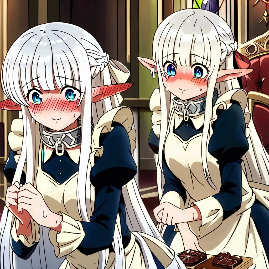(masterpiece, best quality, very aesthetic, ultra detailed, many details), 1girl, nephiliaxl, pointy ears, blue eyes, very long hair, white hair, elf, apron, maid, collar, braid, dress, long sleeves, frills, blunt bangs, hair ribbon, chocolate_heart, leaning forward, nervous smile, sweating_drop, blush, ear_blush, throne room, indoors