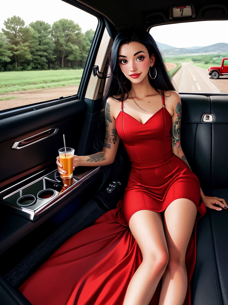Realistic photo of a beautiful 4ny4s woman,1girl, solo, long hair, breasts, looking at viewer, smile, black hair, dress, brown eyes, jewelry, earrings, lips, dutch angle, tattoo, traditional media, piercing, red dress, ground vehicle, instrument, ear piercing, motor vehicle, realistic, car, arm tattoo, car interior, sideways, professional Photography, Photorealistic, detailed, RAW, analog, sharp focus, high quality, film grain, masterpiece<lora:4ny4s:1.0>