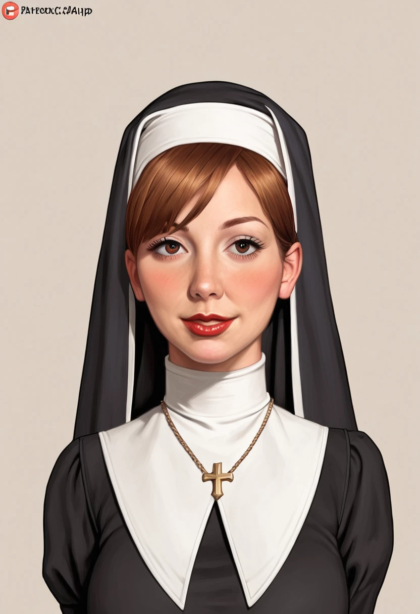 score_9, score_8_up, score_7_up, source_cartoon, rating_safe, 1girl, solo, christy marks, brown hair, red lips, nun uniform, nun habit, PORTRAIT
(cartoon, anime),detailed face, (cowboy shot), source_cartoon, detailed eyes, masterpiece,    
 SIMPLE BACKGROUND, 
seductive,,lewd,sensual ,
looking  at viewer,blush, happy,flirting eyes, <lora:Christy_Marks:.7>