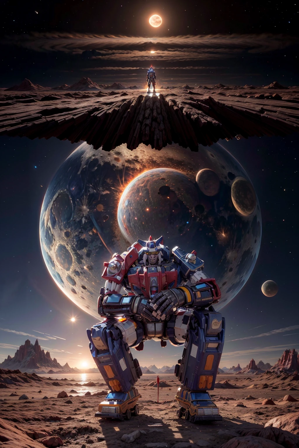 <lora:Vehicle_Voltron:.8>RAW photo of a detailed robot, on one knee, background bg_alien_planet, blue sky, brown theme, building, cloud, day, fantasy, fire, full moon, horizon, landscape, moon, mountain, nature, night, night sky, <lora:more_details:.5> ,<lora:BG_Alien_Planet:.5>