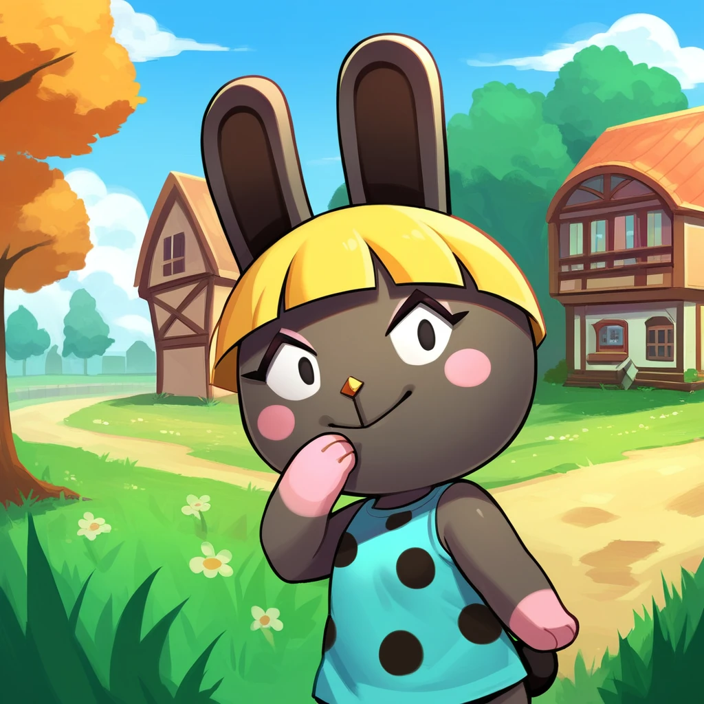 zPDXL, score_9_up, score_8_up, score_7_up, best quality, source_anime, grass, trees, clouds, outdoors, town, house, BREAK 1girl, solo, bonbon_(\animal_crossing), rabbit, lagomorph, anthro, yellow hair, grey fur, black eyes, aqua shirt, polka dot shirt, no sleeves, smile, looking at viewer, one hand on mouth, cowboy shot, <lora:PDXL_Bonbon_AC:1>