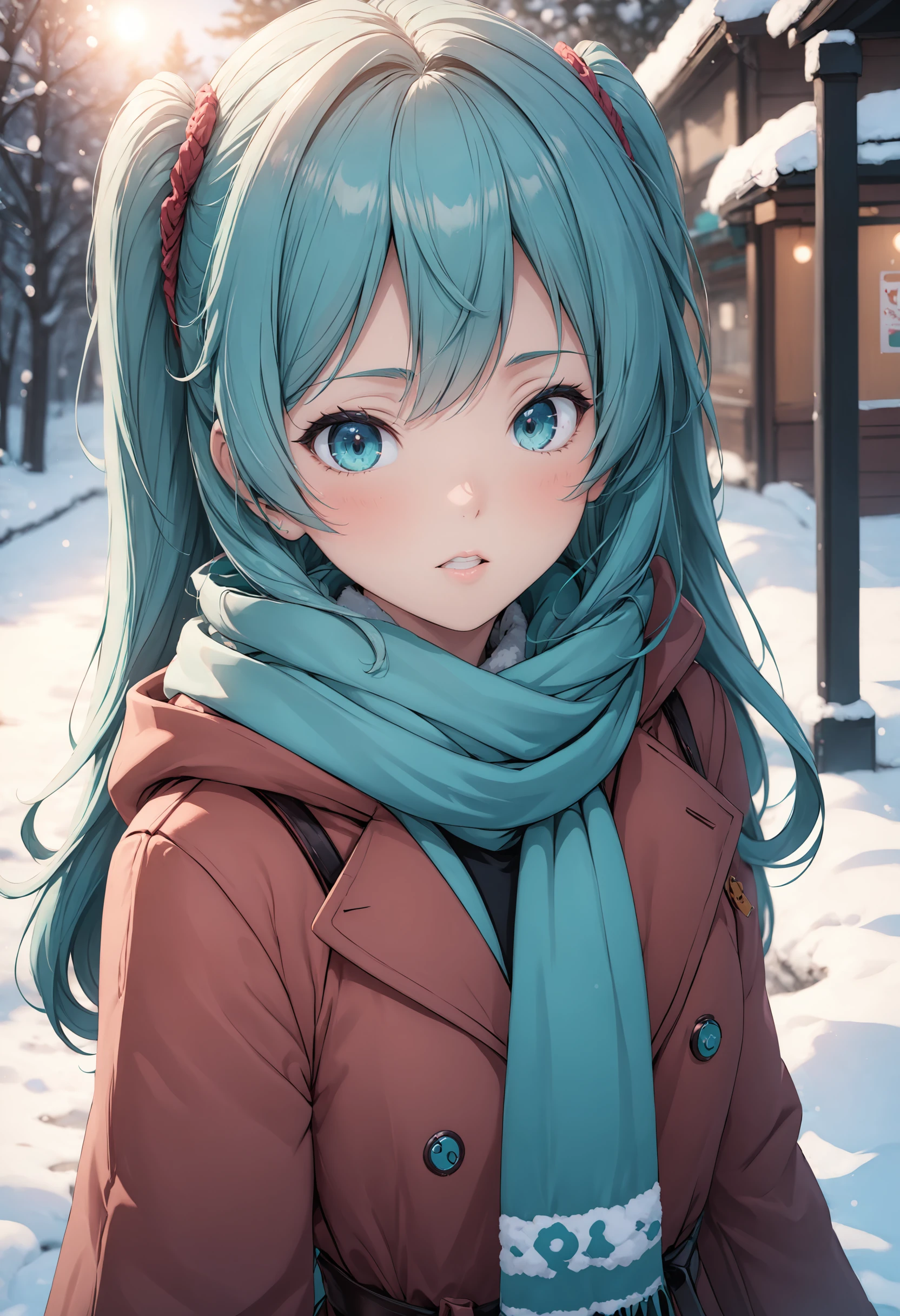 scarf,looking at viewer,blush,winter clothes,coat,blurry,pov,hatsune miku,, masterpiece, best quality,