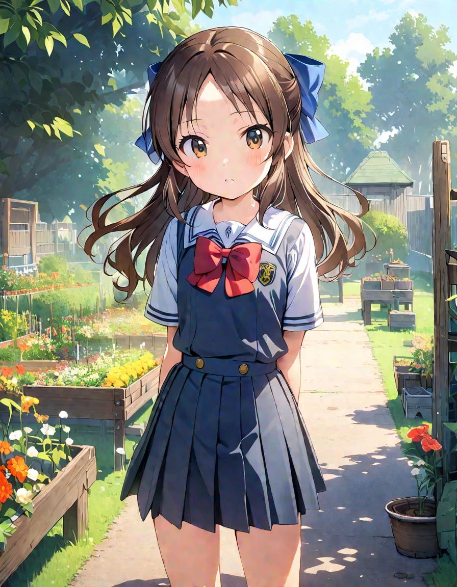 best quality,************,1 girl,garden,cowboy shot,standing,(calm face:0.5),<lora:tachibanaarisu_SDXL_tag_1e-4_6epochs_batch2_animagine31_lycoris:0:1:lbw=FACESDXL_Lycoris>tachibanaarisu,brown hair,deepblue hair bow,school uniform