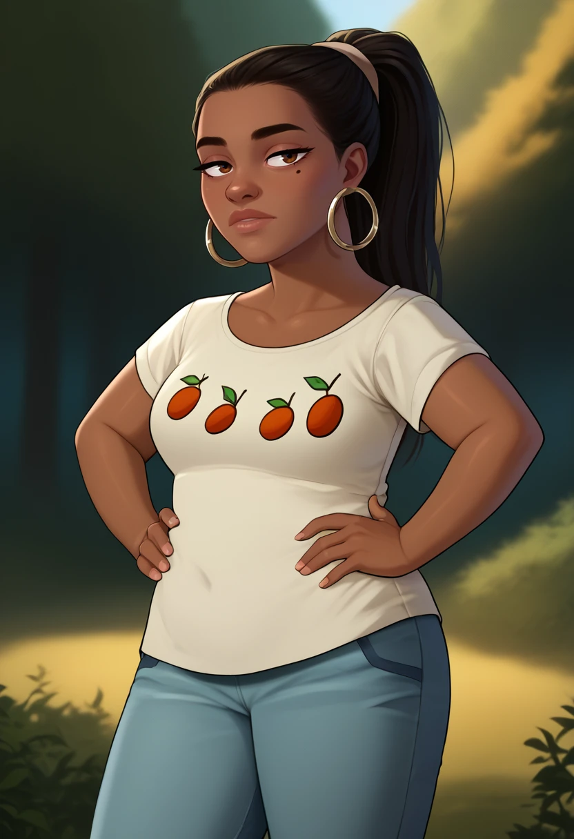 score_9, score_8_up, score_7_up, BREAK, 1girl, solo, <lora:leshawnatd-guy-PONYv1:1>, leshawnatd, dark skin, ponytail, mole under eye, hoop earrings, white shirt, food print, fruit, short sleeves, blue pants, breasts, hands on own hips, forest,