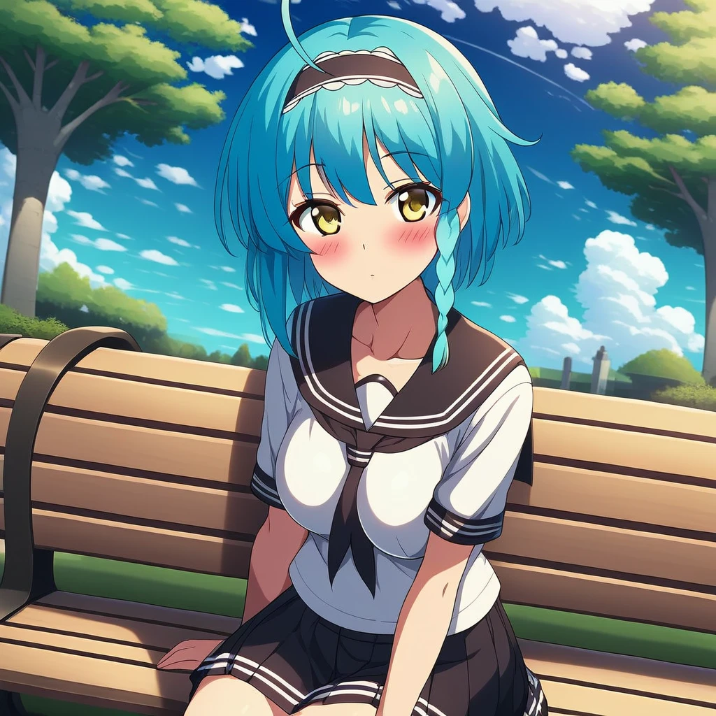 1girl, ahoge, bangs, bench, black skirt, blue hair, blue sky, blush, braid, breasts, cloud, cloudy sky, collarbone, day, hairband, looking at viewer, outdoors, park bench, pleated skirt, sailor collar, school uniform, serafuku, shirt, short hair, sitting, sitting on bench, skirt, sky, solo, tree, yellow eyes