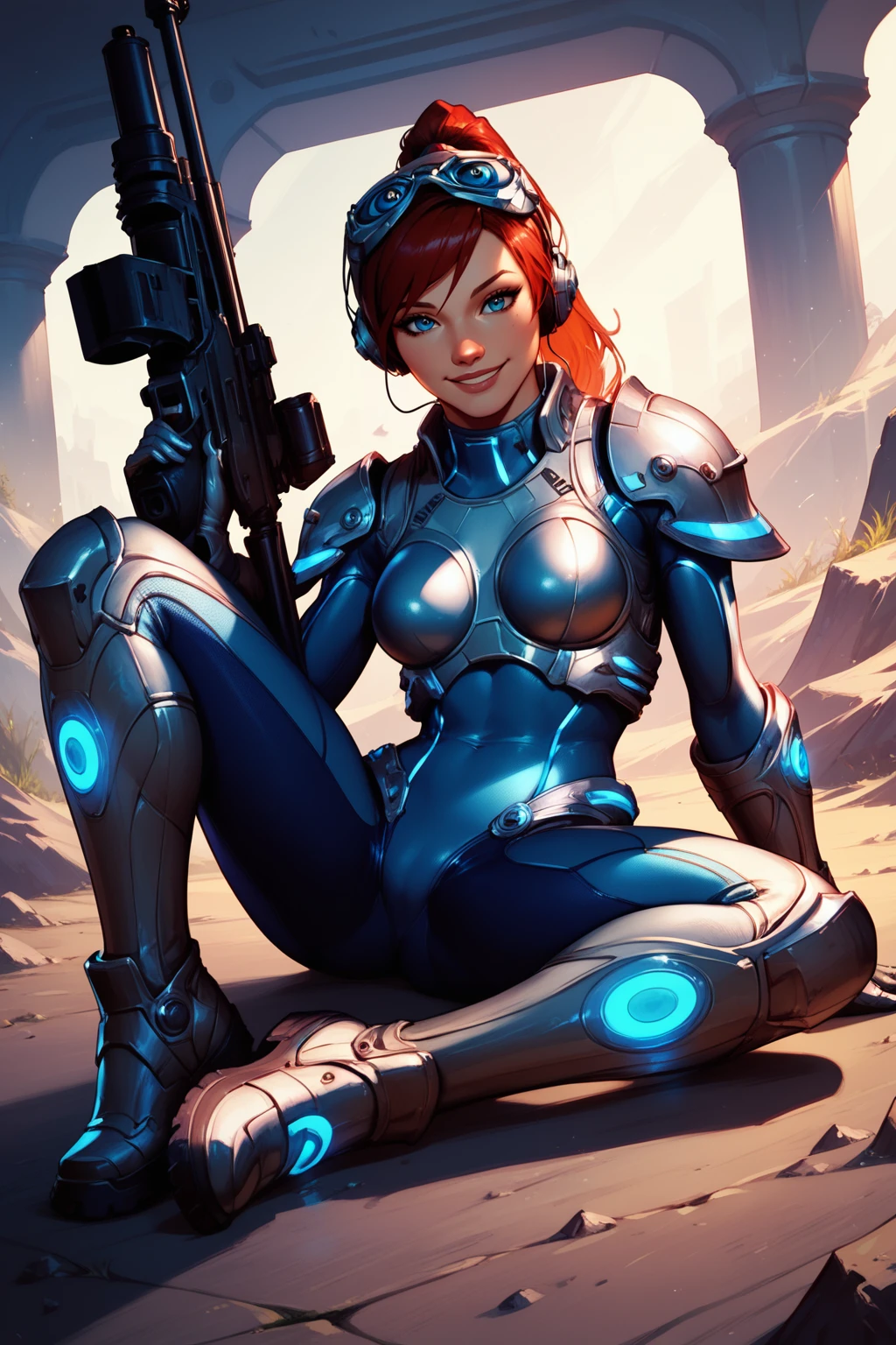 score_9, score_8_up, score_7_up, masterpiece, high quality
 <lora:Sarah KerriganPonyLora:0.8>long hair, srahkrrign, ponytail, breastplate, shoulder armor, bodysuit, goggles on head, headphones, gloves, skin tight, bracer, boots, neon trim, glowing, sniper rifle resting on ground, smile,
