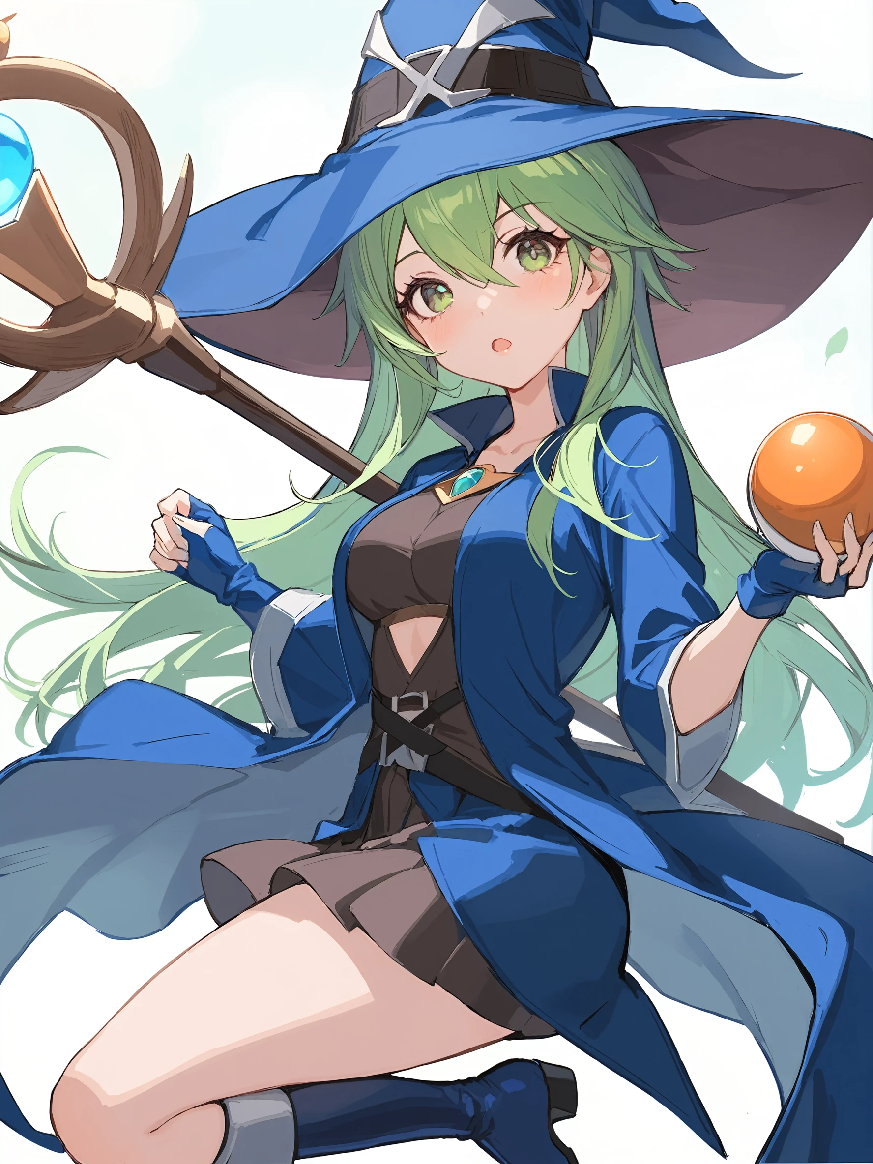 1girl,
solo, duel monster, blue jacket, wizard hat, skirt, miniskirt, blue robe, large breasts, staff, holding staff, blush, long hair, blue footwear, witch hat, robe, jacket, breasts, looking at viewer, holding, gloves, blue hat, green eyes, boots, fingerless gloves, open mouth, green hair, thighs, hat, blue gloves, hair between eyes, knee boots,
masterpiece, best quality, safe
<lora:mki-ani31-yutou-v3-000120:1>