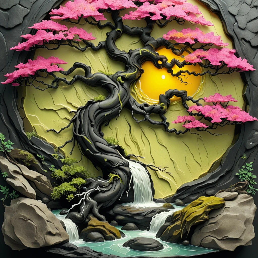 <lora:artfullyTREETTREET_SDXL_V1:1>,arttrttrt, no humans, waterfall, imaginary landscape, bonsai landscape, trunk is detailed, trunk is hot pink, black ,and quartz, leaves are chartreus, sun  is yellow, in the style of carved relief, embossing, encaustic, papercraft