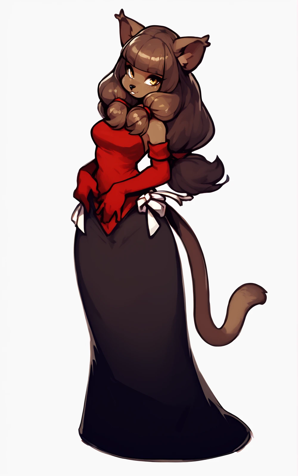 score_9, score_8_up, score_7_up,((best quality)), absurdres,((full body)), <lora:3d-2d:0.8>, <lora:MirandaPXL:1>,MirandaPXL,animal ears,brown hair, furry, dark skin, furry female, cat ears,brown eyes, red gloves,brown hair, amber eyes,long hair, animal nose,bangs, blunt bangs, twintails,cat tail,gloves, elbow gloves, shirt,long skirt, bare shoulders,skirt,black skirt,red shirt,white background,heels