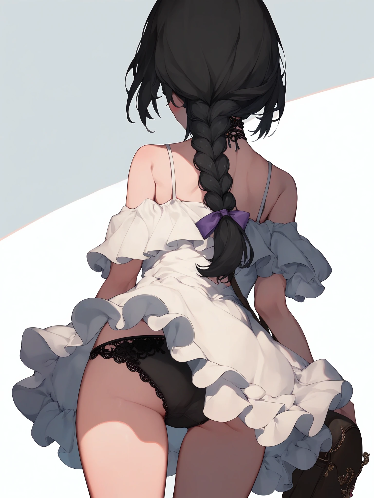 (score_9,score_8_up,score_7_up,),solo,white dress,off-shoulder dress,frilled dress,black hair,braid,purple eyes,long hair,choker,bangs,single braid,(blush:1.2),bare shoulders,virtual youtuber,black choker,braided ponytail,shoulder bag,ribbon choker,spaghetti strap,<lora:MIKifn:0.9>,simple background,white background,black panties,lace-trimmed panties,hip_focus,from_below,pantyshot,panty_peek,facing_away,looking_to_the_side,