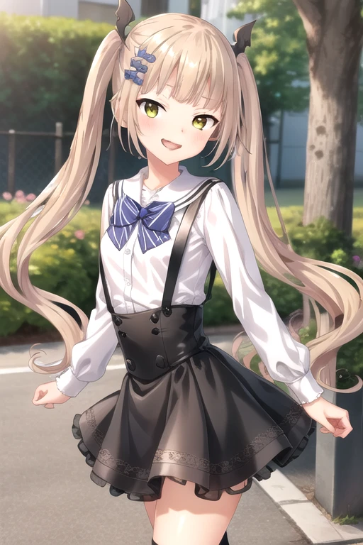 ((masterpiece)),(best quality),official art,extremely delicate and beautiful,extremely detailed CG,unity 8k wallpaper,ultra detailed,beautiful detailed eyes,extremely detailed face,outdoors,1girl,solo,cowboy shot,looking at viewer,facing viewer,smile,(petite:1.2),Himari Azuma,very long hair,blonde hair,twintails,hair ornament,hair bow,black bow,sidelocks,blunt bangs,yellow eyes,green eyes,school uniform,white sailor collar,black bowtie,white shirt,long sleeves,small breasts,animal bag,miniskirt,black skirt,suspender skirt,frilled skirt,black socks,shoes,black footwear,<lora:Himari Azuma(sdg2):0.8>,