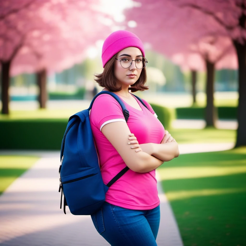 cinematic photo a full body woman, brown hair, glasses, pink shirt, jeans pants, beanie, blue backpack, park<lora:Meg1024:0.8> . 35mm photograph, film, bokeh, professional, 4k, highly detailed