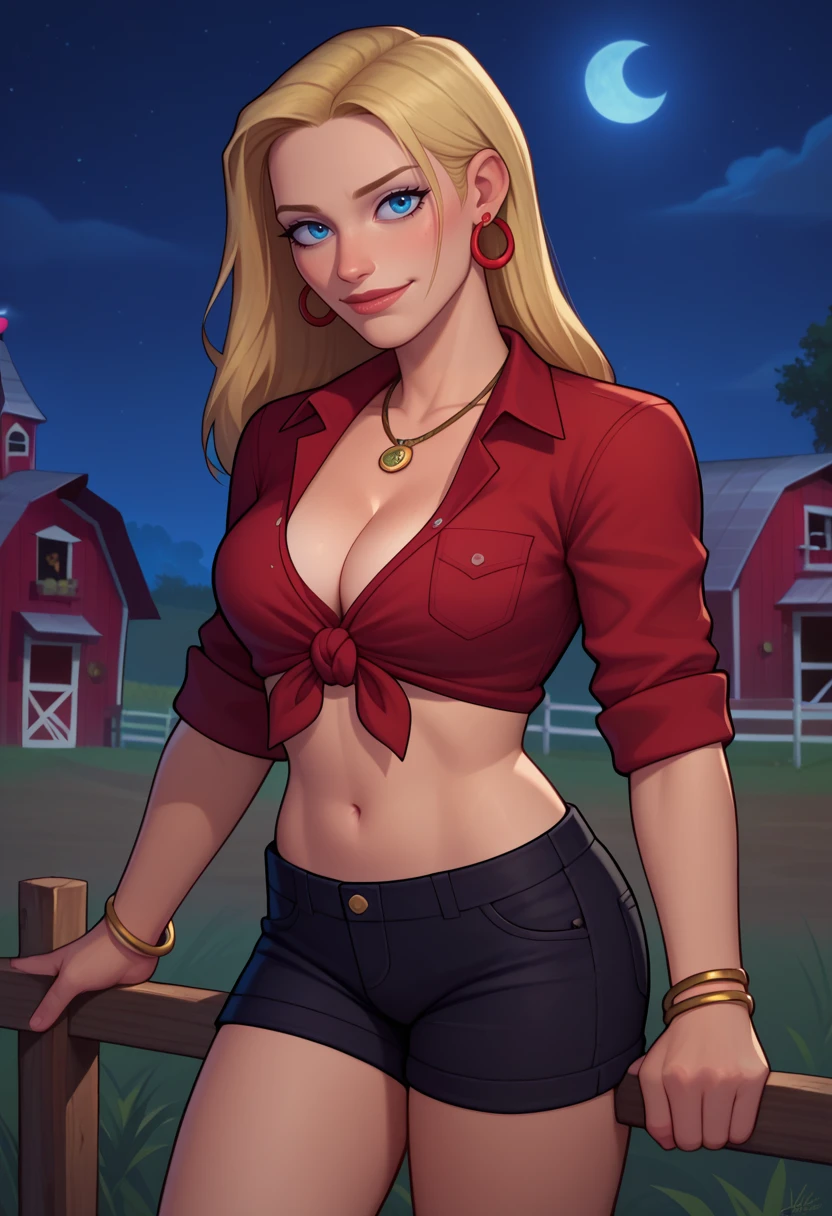 score_9, score_8_up, score_7_up, BREAK 1girl, solo,  <lora:blaineleytd-guy-PONYv1:.95>, blaineleytd, bracelet, earrings, tied shirt, necklace, shorts, night, night sky, farm, cleavage, red shirt, black shorts,