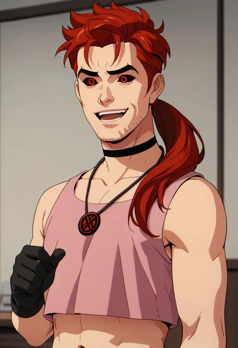 xmen97 style, 1boy, male focus, red hair, solo, red eyes, colored sclera, black sclera, shirt, choker, smile, jewelry, necklace, navel, gloves, open mouth, ponytail, facial hair, meme, pink shirt, black gloves, teeth, long hair, indoors, crop top, stubble, midriff, upper body, collarbone, anime coloring, flat color, cel shading, cel shaded, 2d, PonyXLV6_Scores zPDXL