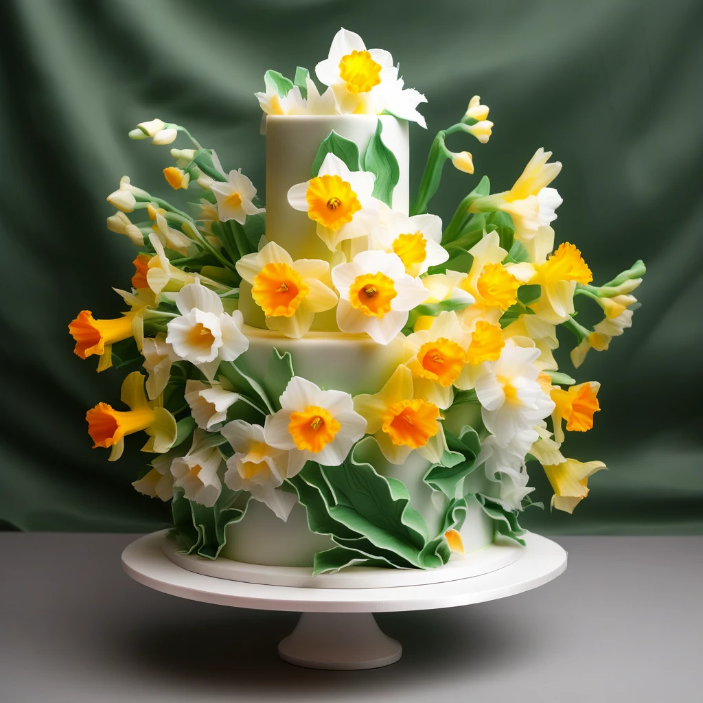 a bridal gift wrapped in tissue paper with repeating patterns consisting of daffodils, sweet pea, and T. honeysuckle. the honeysuckle provides structure and the sweet pea provides texture and an aery quality to the cake. the narcissus is the focus flower and resembles a trumpet providing energy and cheer. Dense green leaves from the honeysuckle hide tubular white yellow flowers, tendrils emerge from the wedding invitation and announcement as the sweet pea climbs onto its neighbors. the narcissus is the focal point of the literature decorations and adds height and structure as well