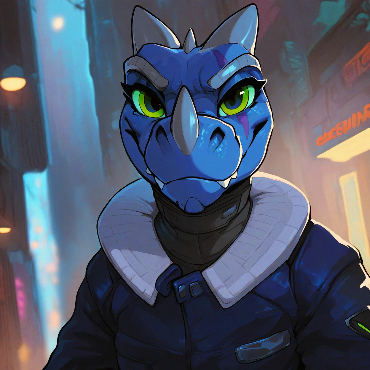 <lora:kabsraptorxl-000043:0.86>,  source_furry, solo, vergence (kabscorner), portrait, raptor, lizard, cowboy shot, portrait, flat chest, young, lizard tail, cute, serious, confident, bedroom eyes, scales, realistic detailed skin, portrait, upper body, dynamic pose, dutch angle, (light blue skin, light blue blue body, light blue neck:1.6), soft facial features, face focus, short muzzle, mouth focus, blue eyes, (grey horns), fangs, forest, urban back alley, cyberpunk, scifi, long sleeve blue jacket, black muscle shirt, clothed, (green eyes, green sclera), large eyes, slim
score_9, score_8_up, score_7_up,  <lora:incase---1:0.2>