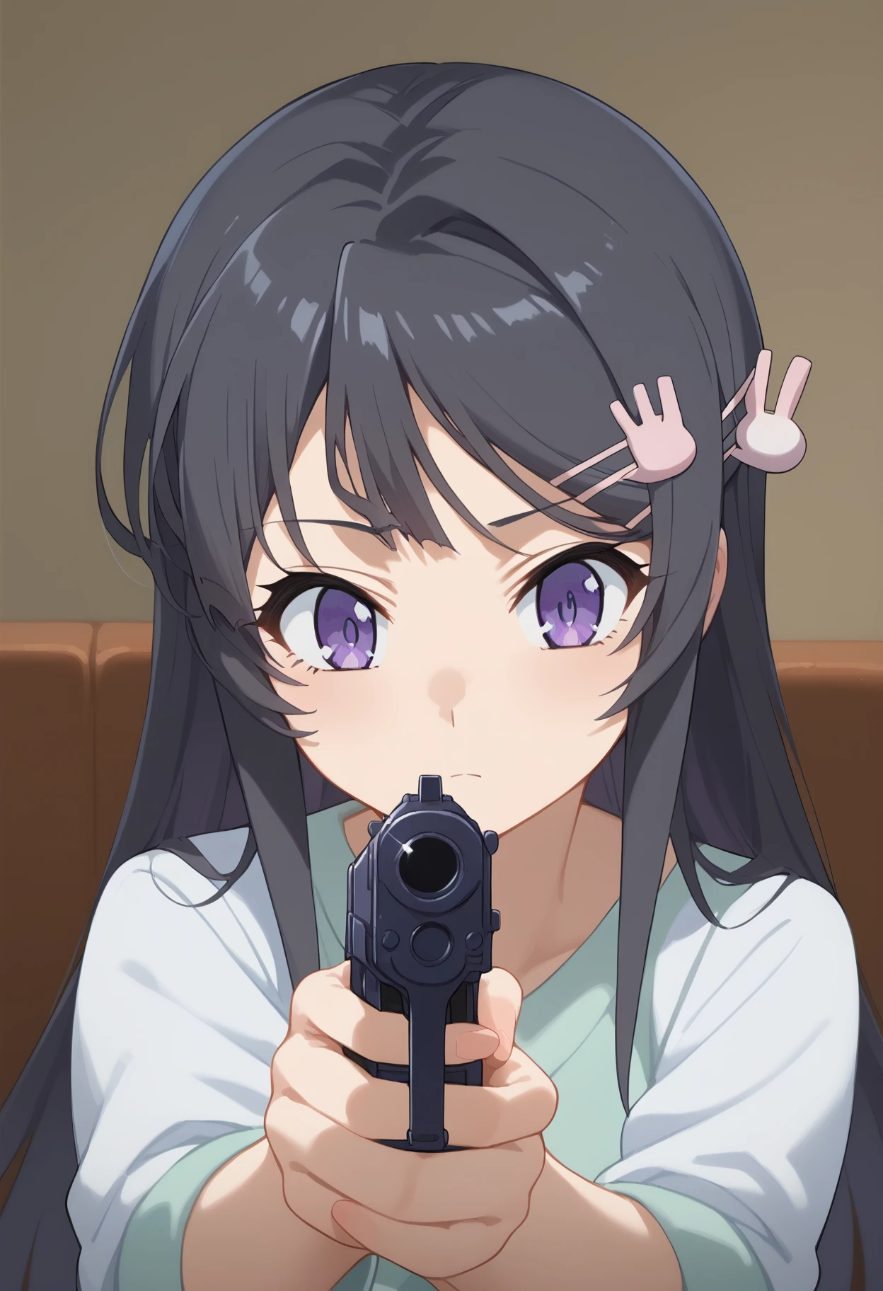 score_9, score_8_up, score_7_up, source anime, mai sakurajima, long hair, bangs, black hair, hair ornament, purple eyes, hairclip, rabbit hair ornament, holding gun, aiming, aiming at viewer, finger on trigger, <lora:aim-xl-pony-v3-000016:1>, <lora:naip33:1>, <lora:mai-sakurajima-s1-ponyxl-lora-nochekaiser:1>,