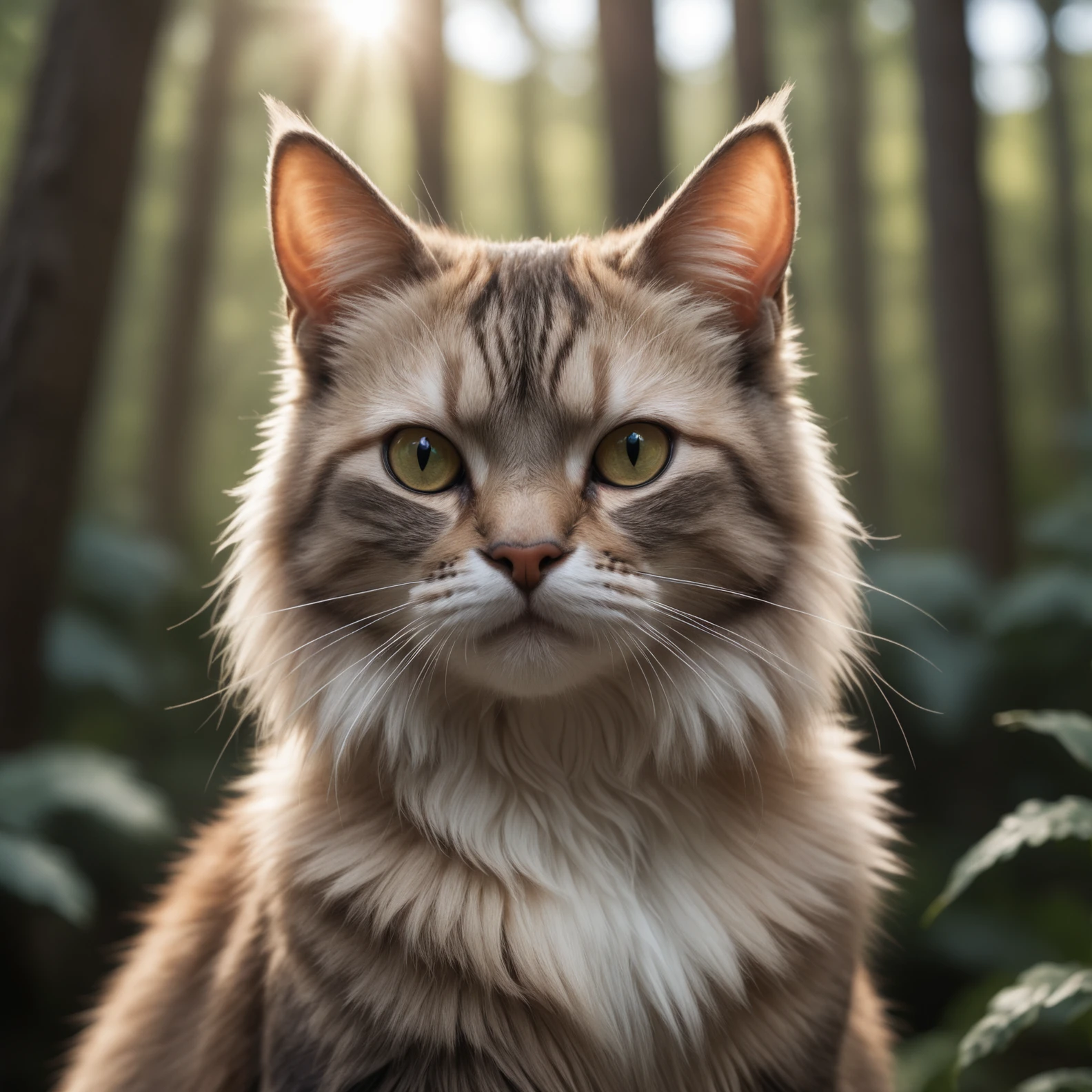 photo closeup of a cat forest background, natural light