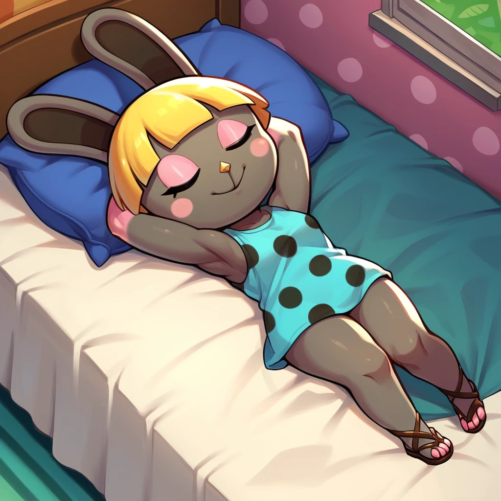 zPDXL, score_9_up, score_8_up, score_7_up, best quality, source_anime, house, indoors, bed, bedroom, pillows, detailed background, from above, BREAK 1girl, solo, bonbon_(\animal_crossing), rabbit, lagomorph, anthro, yellow hair, grey fur, black eyes, aqua shirt, polka dot shirt, sandals, no sleeves, hands behind head, relaxed, sleeping, eyes closed, smile, lying, <lora:PDXL_Bonbon_AC:1>