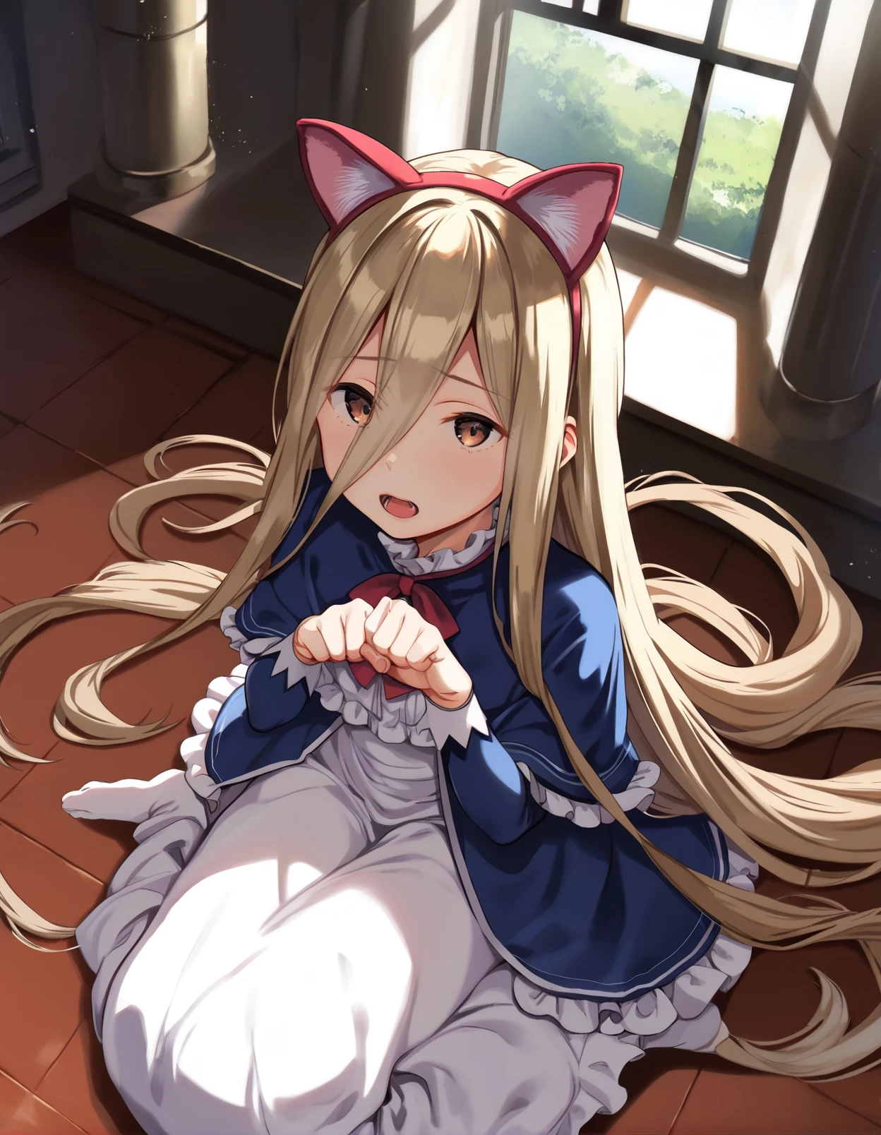 score_9, score_8_up, score_7_up, 1girl sitting on the floor, castle, window, sunlight, open mouth, paw pose, fake cat ears, from above,
<lora:onizuka_naoshi_style_pony6_v1-000036:1>, <lora:sense_sousou no frieren_PONY_last:0.6> sense \(sousou no frieren\),brown eyes,very long hair,absurdly long hair,hair between eyes,eyes visible through hair, blue capelet,frilled dress,white long dress