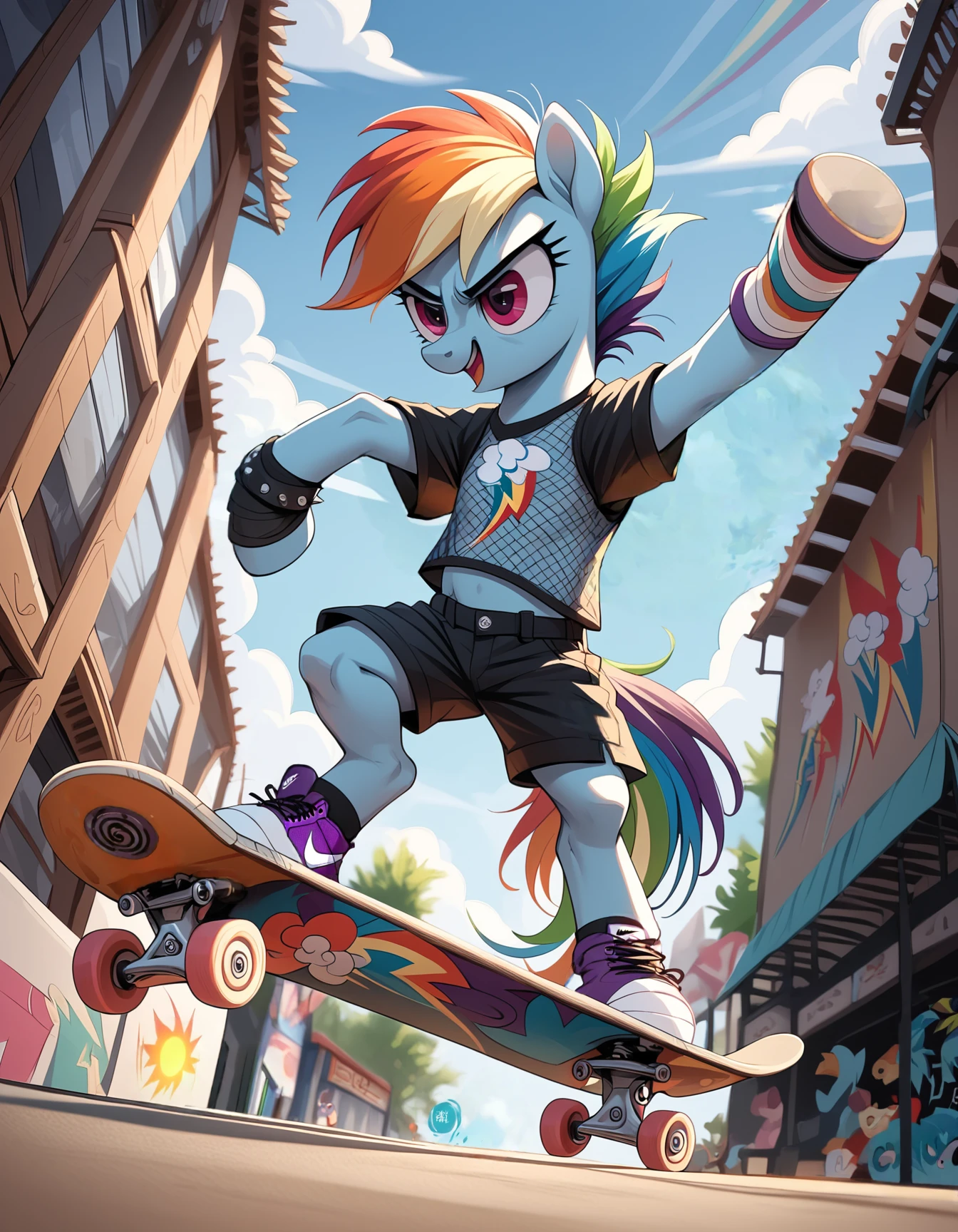 score_9, score_8_up, score_7_up, score_6_up, score_5_up, score_4_up,  
(skateboard:1.2),pony as a skater, full body, rainbow dash,standing, outside, 