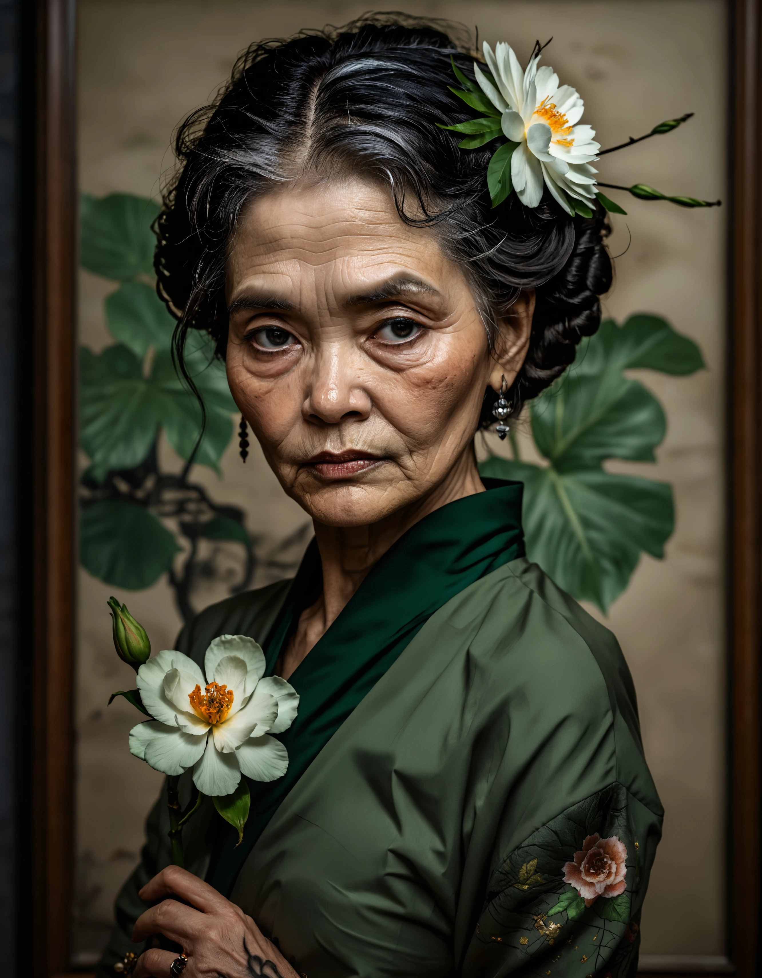 (zavy-ldprtrt), a captivating portrait of an (old woman:1.3) with a powerful gaze, her dark hair styled in an elegant updo and adorned with a striking white flower. The woman's bold green eyeshadow complements the dominant color scheme of the artwork, while her striking makeup and mysterious aura draw the viewer in. The background showcases a blend of vintage papers featuring Chinese characters and intricate drawings, creating a unique and enchanting atmosphere. The woman's right shoulder and part of her back are visible, revealing tattoos or sketches that add to the overall sense of intrigue. This extraordinary masterpiece, perfectly captures the essence of both tradition and modernity, leaving a lasting impression on all who behold it.