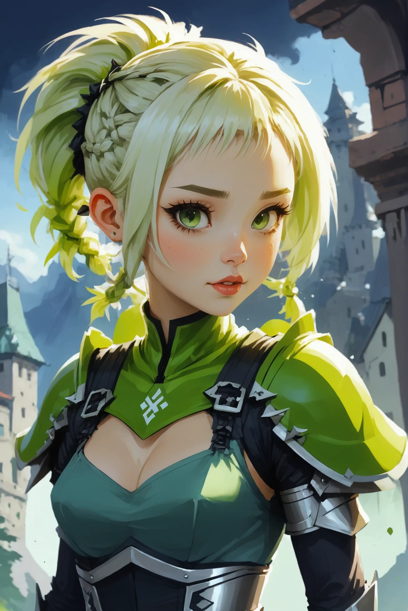 soft digital painting, cute, anime style, 1girl, woman, mountain rune knight villainess, pauldrons, bombshell hair, matte color:lime metal hair, Cornrows, peachpuff clothes, hourglass figure, albino,great fantasy megacity outside of time<lora:EnvyStarlightCute03:1>
