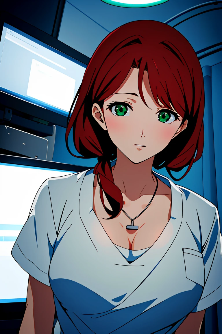 (RAW photo, best quality), operating room, overhead surgical light,blurred background, focused, dithering,backlighting,
 <lora:Sasha_Nakamoto_V1.0-000006:0.8> sasha nakamoto, 1girl, solo, necklace, dark red hair, green eyes,