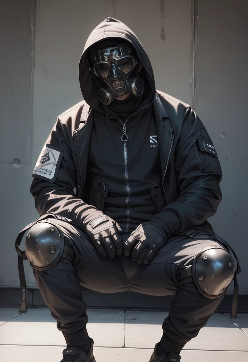 (score_9, score_8_up), score_7_up, zPDXL, dark_techwear, solo, gloves, 1boy, sitting, jacket, male focus, black gloves, pants, hood, black jacket, mask, squatting, helmet, facing viewer, hood up, zipper, knee pads, gas mask, <lora:dark_techwear-000016:0.9>