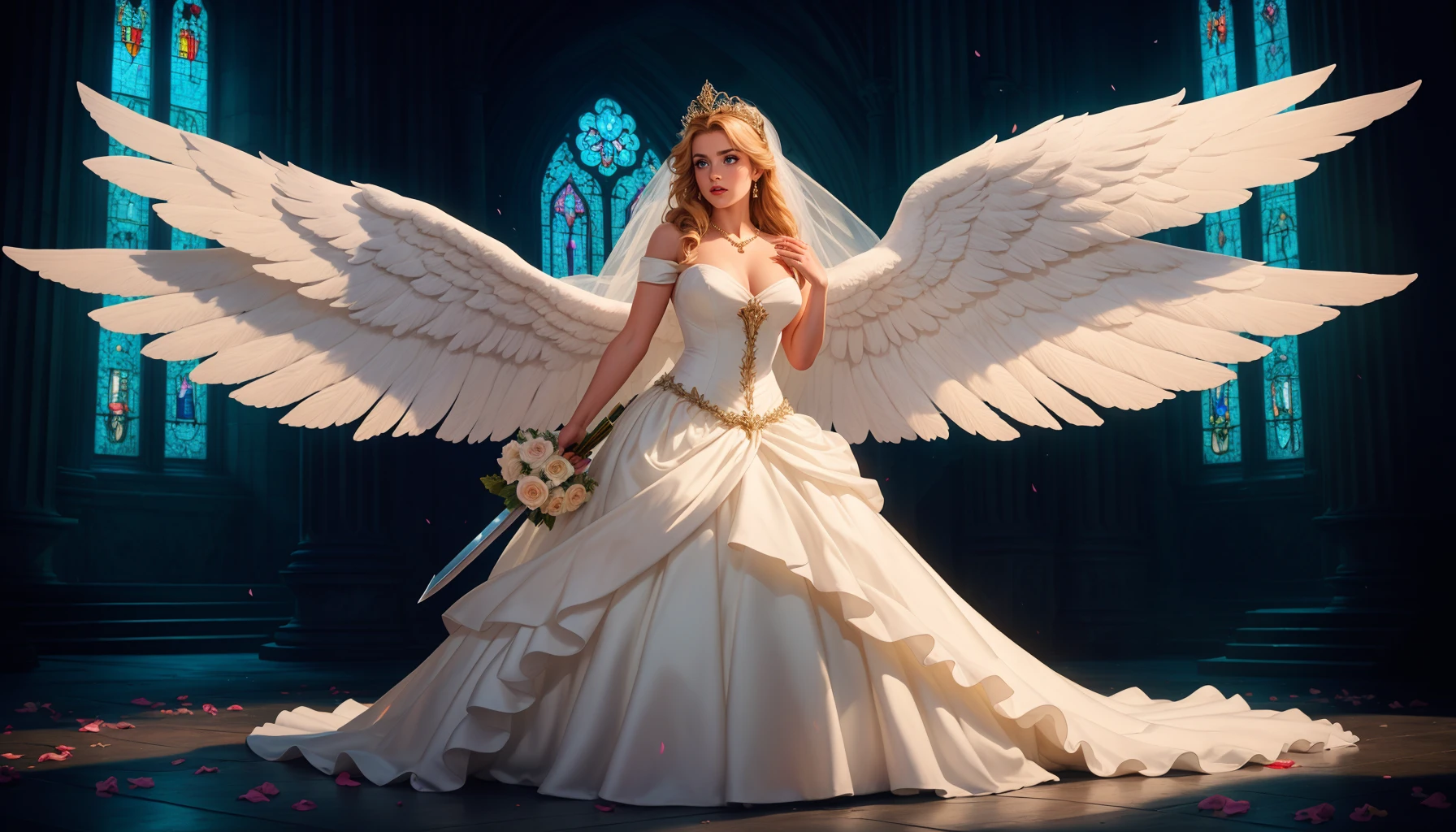 photogenic adult woman gathered tiered satin wedding ballgown, puffy short sleeves, holding sword, avenging angel,  action shot, violent, angry, (voluminous radiant angel wings), halo, cathedral, stained glass windows, (hard shadows, godrays chiaroscuro) flower petals, direct light, tiara, veil,  jewelry, choker, 8k resolution, high detail, best quality, high quality, beautiful, epic,