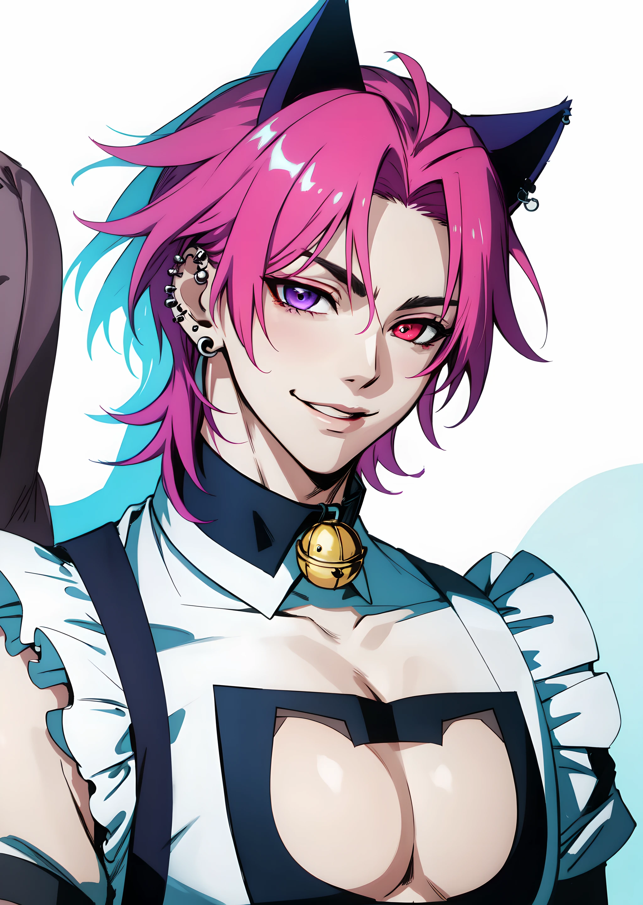 hskayn, solo, looking at viewer, smile, red eyes, 1boy, animal ears, jewelry, pink hair, purple hair, male focus, earrings, frills, cat ears, nail polish, apron, collar, maid, maid headdress, clothing cutout, bell, fake animal ears, heterochromia, piercing, cleavage cutout, pectorals, ear piercing, black nails, jingle bell, neck bell, maid apron, crossdressing, enmaided, meme attire, pectoral cleavage, cat cutout, cat lingerie, cat boy
<lora:Heartsleet_Kayn2:0.7>,