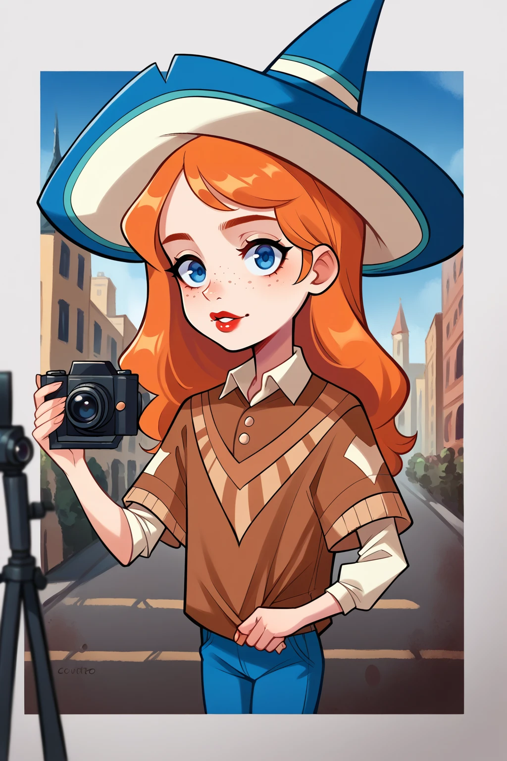 digital painting, score_9, score_8_up, 1girl, solo, <lora:NSMeiPortia:1> NSMeiPortia, long hair, blue eyes, freckles, lipstick, orange hair, witch hat, collared, blue pants, poncho, brown capelet, city, photo camera, holding photo camera