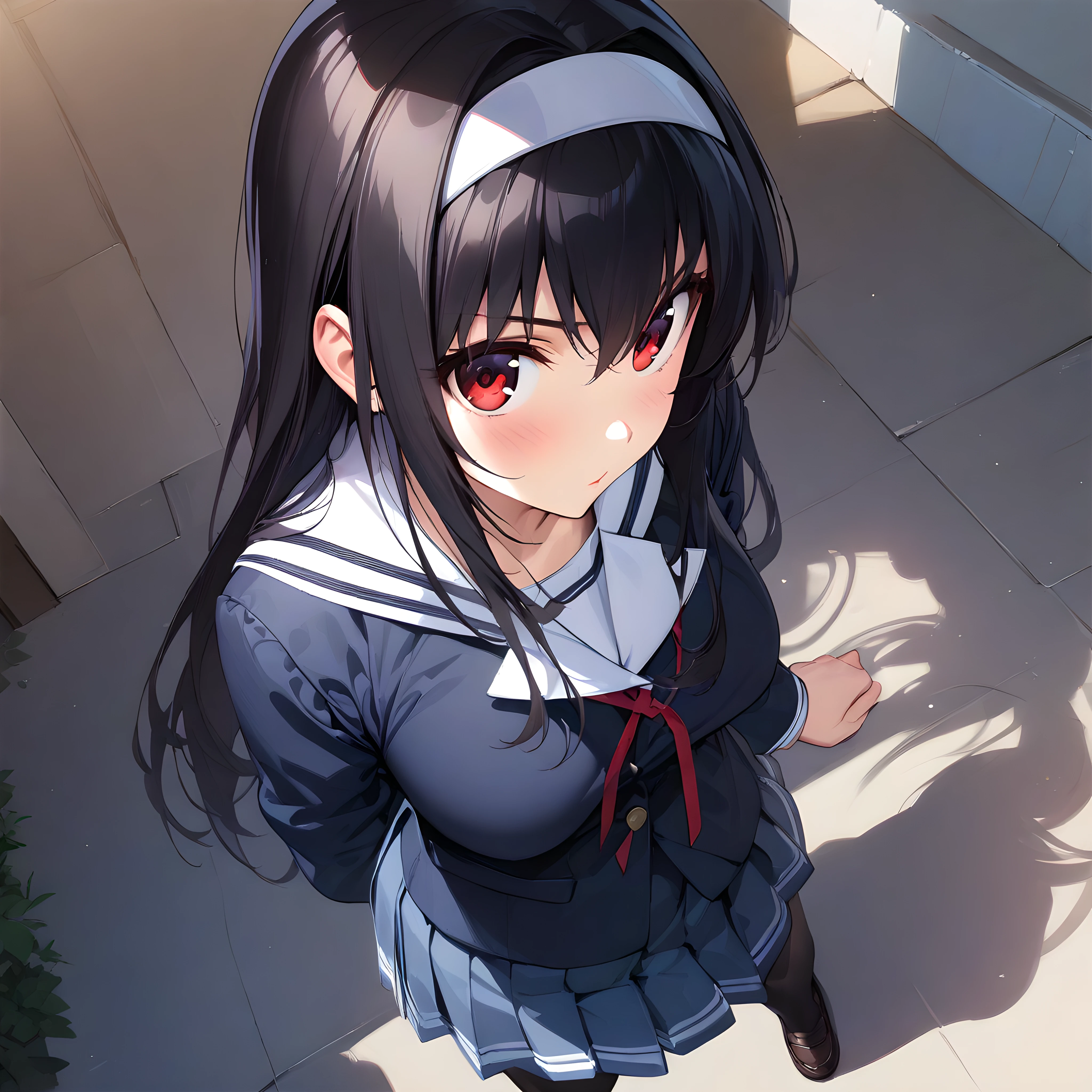 (masterpiece),(best quality),(ultra-detailed),(best illustration),(best shadow),(absurdres),(detailed background),(very aesthetic), 1girl, solo,  kasumigaoka utaha, black hair, hairband, red eyes, long eyes, breasts, school uniform, pleated skirt, black pantyhose, from above, <lora:XL-KasumigaokaUtahav1:1>