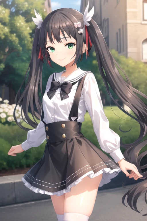 ((masterpiece)),(best quality),official art,extremely delicate and beautiful,extremely detailed CG,unity 8k wallpaper,ultra detailed,beautiful detailed eyes,extremely detailed face,outdoors,1girl,solo,cowboy shot,looking at viewer,facing viewer,smile,(petite:1.2),Komari Azuma,very long hair,black hair,twintails,hair flower,white flower,wing hair ornament,hairclip,sidelocks,blunt bangs,green eyes,school uniform,white sailor collar,black bowtie,white shirt,long sleeves,small breasts,animal bag,miniskirt,black skirt,suspender skirt,frilled skirt,white socks,frilled socks,mary janes,black footwear,<lora:Komari Azuma(sdg2):0.8>,