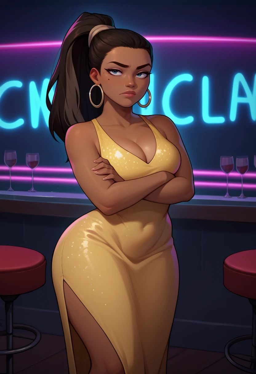 score_9, score_8_up, score_7_up, BREAK, 1girl, solo, <lora:leshawnatd-guy-PONYv1:.95>, leshawnatd, dark skin, ponytail, mole under eye, hoop earrings, taut dress, yellow dress, glitter, wide hips, nightclub, cleavage, crossed arms, neon lights,