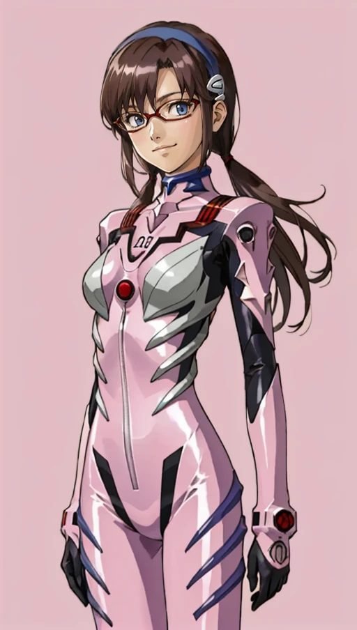 (best quality, masterpiece, highres:1.2)(makinami_mari)<lora:makinami_mari_illustrious:1>(evangelion) 1girl (makinami_mari), wearing ((full pink)) evangelion full pink suit (high resolution textures), narrow red glasses, bangs, big_blue_eyes, bodysuit, breasts, cowboy_shot, narrow_red_glasses, hairband, light_smile, dark_brown_long_hair, looking_at_viewer, low_twintails, makinami_mari_illustrious, pilot_suit, green_bodysuit, plugsuit, dark_brown_hair, shiny, shiny_clothes, simple_background, skinny, solo, makinami_mari, standing, turtleneck, twintails, (high resolution textures), in dynamic pose, (intricate details), detailed, light passing through hair, splash art flat background,(official art)