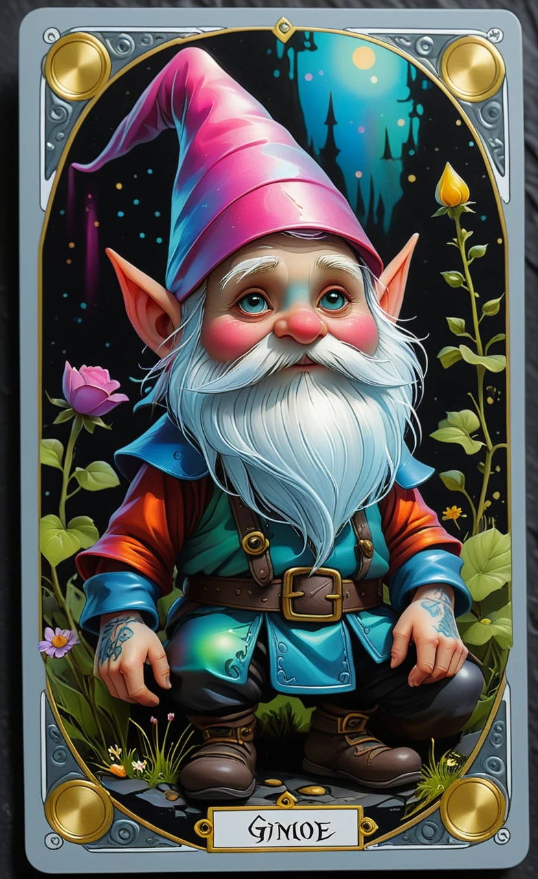 <lora:artfullyONEHUNDRED_SDXL_V1:.7>, art100th,
Concept race: gnome In the style of tarot, plastic card, foiled with reflective metal, Inked by hand, all colors holographic except black. Movement causes the card to change appearances.