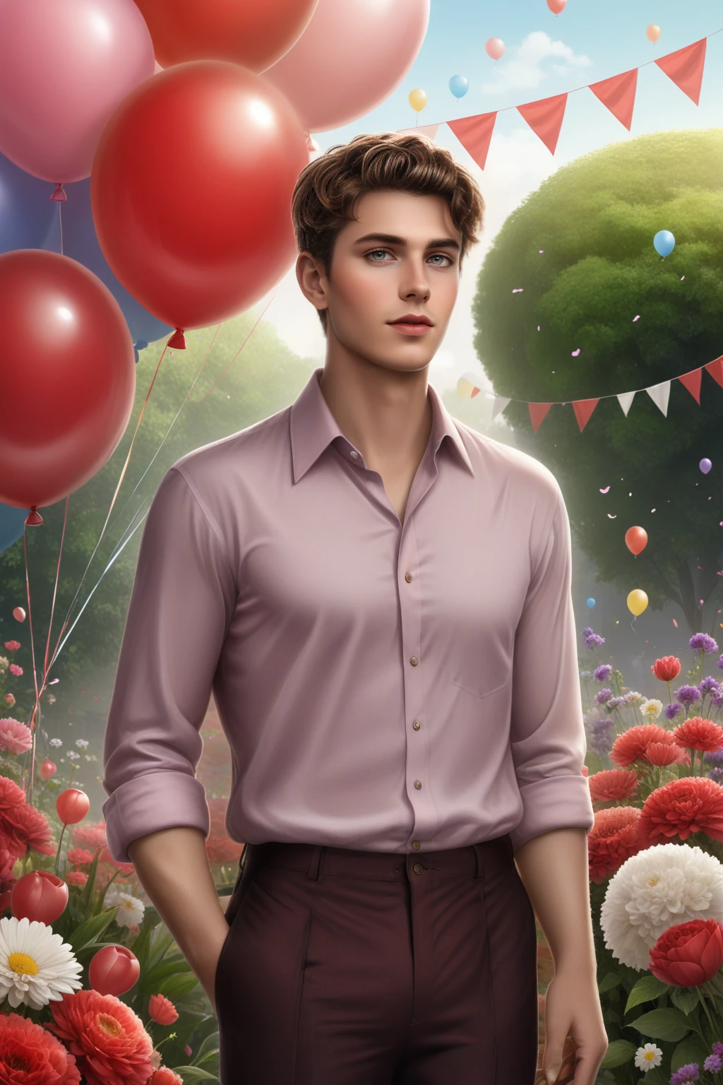 Dreamscape 30 y.o. male, brown short hair, grey eyes, clothes in red official shirt, standing in the cake, flowers garden background, balloons, flowers, realistic <lora:Lars XL:0.9> lars . Surreal, ethereal, dreamy, mysterious, fantasy, highly detailed