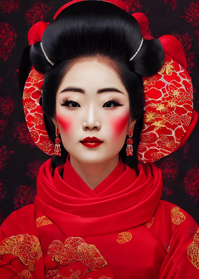 art, stunning portrait of a woman entirely dressed in vibrant red, inspired by the style of traditional Japanese art. The woman has a captivating and mysterious expression, with large, doe-like eyes and flowing red hair. Her attire includes a flowing kimono with intricate patterns and a luxurious obi sash, vibrant, dark fantasy, cinematic, epic composition, highly detailed