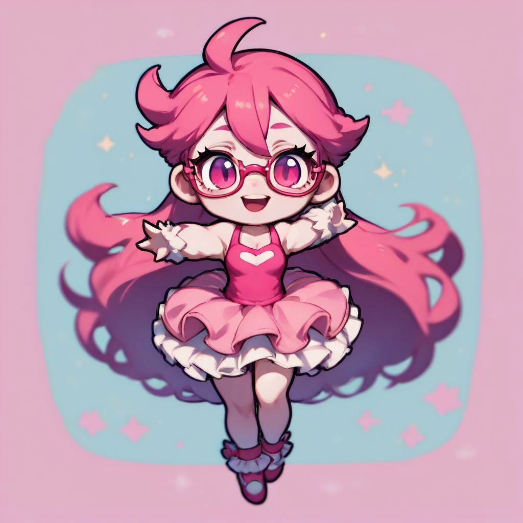 score_9,score_8_up,score_7_up,score_6_up,score_5_up,score_4_up, solo , 1girl, long hair, pink hair, glasses, pink eyes, big eyes, eyelashes, smile, open mouth, standing split, tutu, chibi