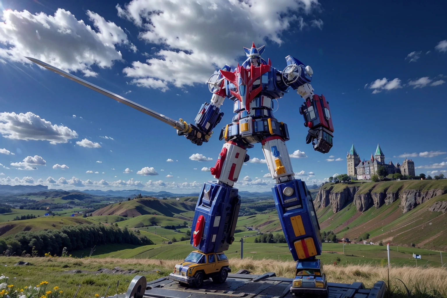 <lora:Vehicle_Voltron:.8>RAW photo of a detailed robot holding a sword, standing on a metal platform with a castle and rolling green hills in the background, blue sky, clouds <lora:more_details:.5>