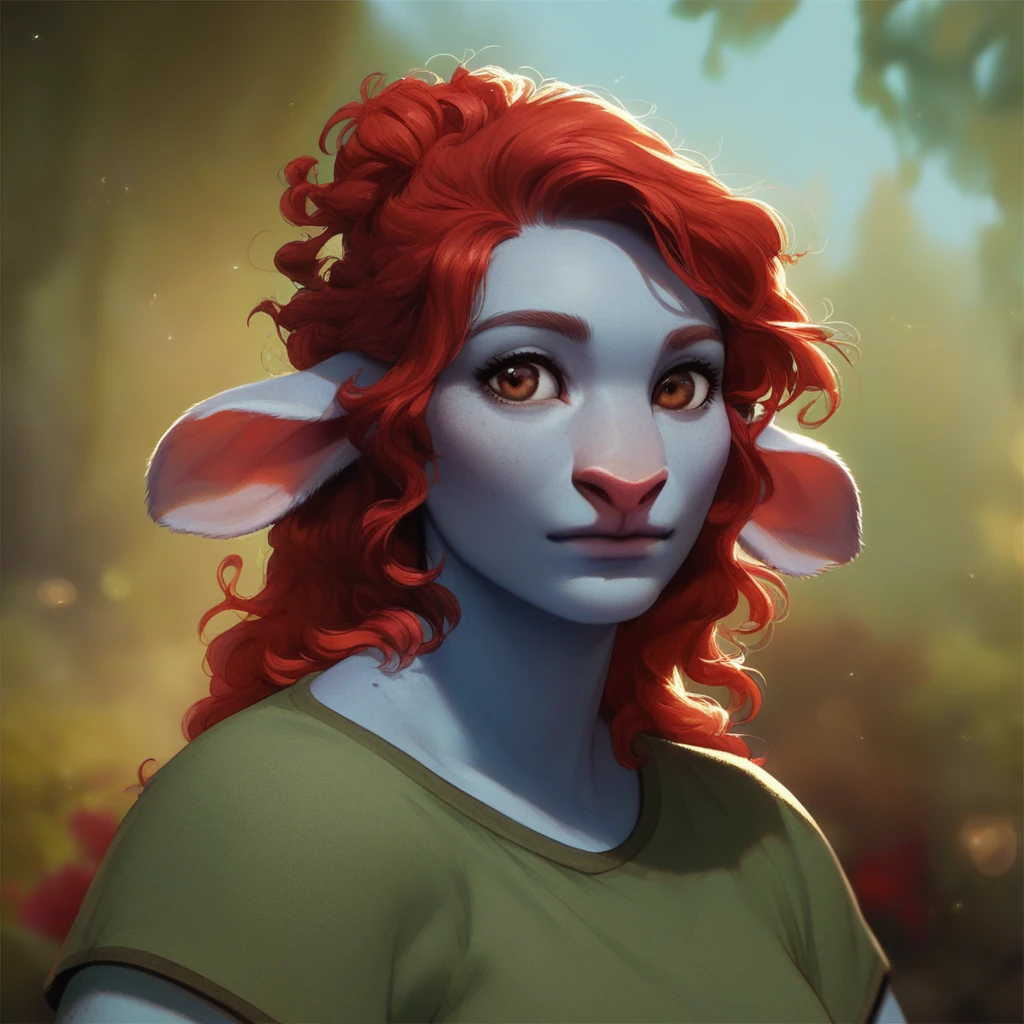 (((beautiful, high quality))), score_9, score_8_up, score_7_up, Firbolg, furry, big nose, big nose, animal ears, 1girl, blue skin, red hair, brown eyes, green T-shirt,fantasy background, blurred background,